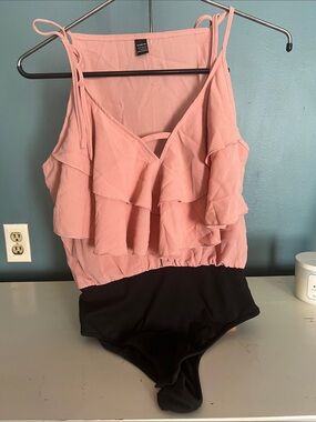 SHEIN Pink Ruffle-Front One-Piece with Black Bottom
